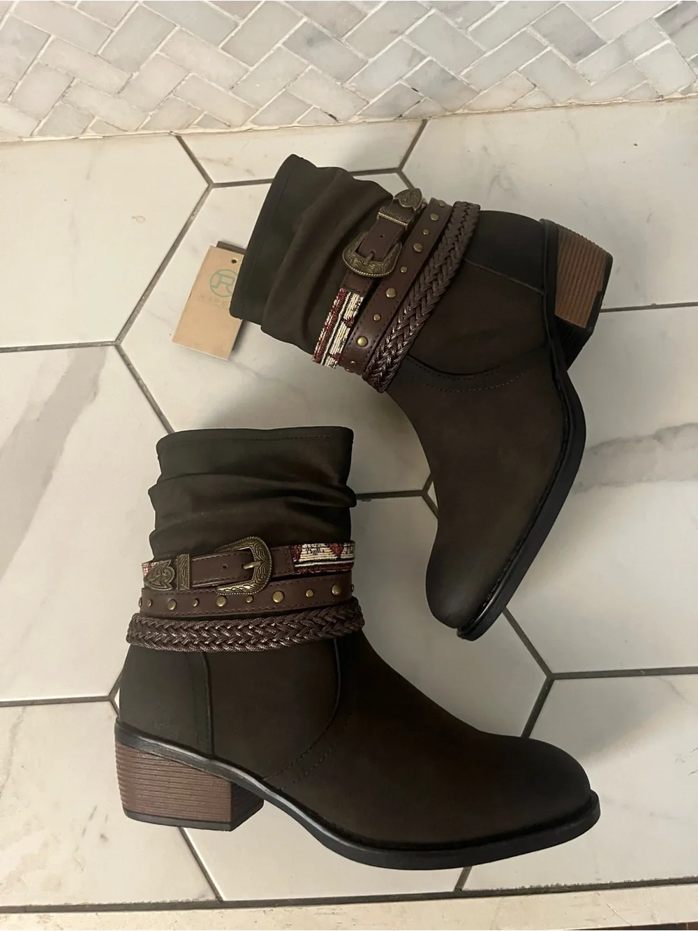 Roper Dark Brown Slouch Ankle Boots with Braided and Buckle Strap